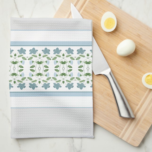 Paño De Cocina Gris Con Flora Azul (Doblado Cuarto)
