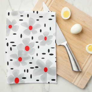 Paño De Cocina gris con flores rojas sobre fondo blanco retro
