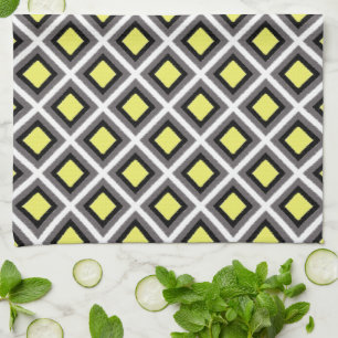Paño De Cocina Gris oscuro, negro, diamantes de ikat amarillo de