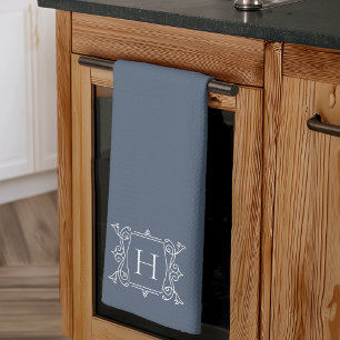 Paño De Cocina Gris pizarra   Monograma de marco de cosecha de co