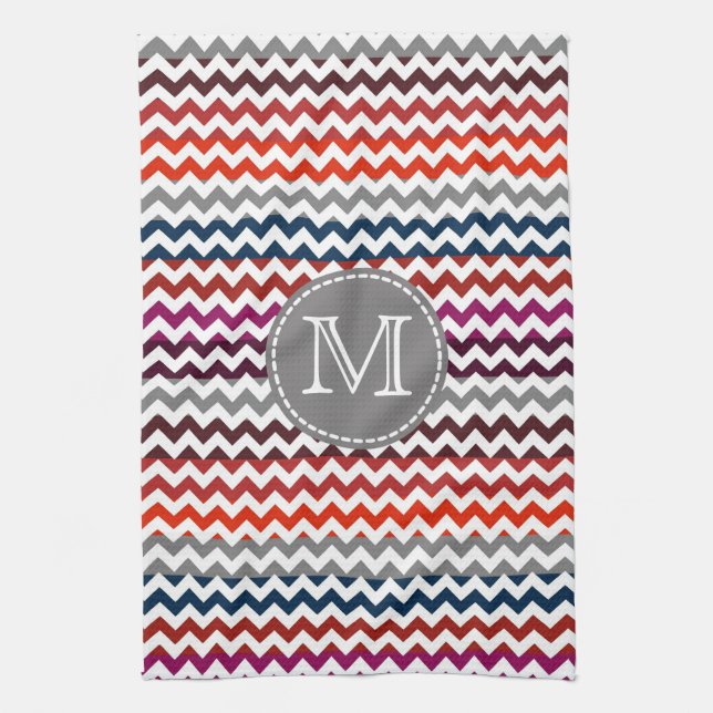 Paño De Cocina Gris Rojo Gris Chevron Zigzag Monograma (Vertical)