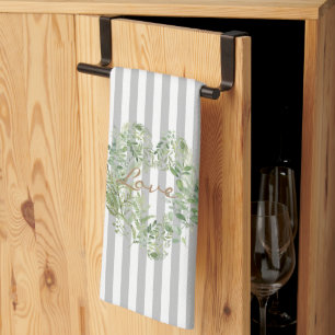 Paño De Cocina Gris Striped Foliage Heart Love