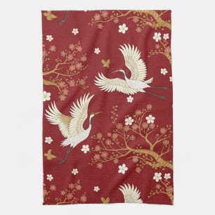 Paño De Cocina Grulla coronada roja patrón Sakura (1)