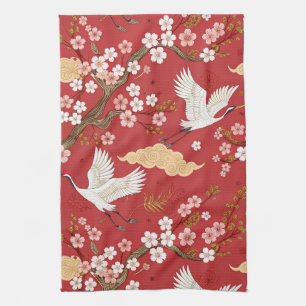 Paño De Cocina Grulla coronada roja patrón Sakura (2)