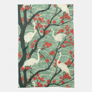 Paño De Cocina Grulla Japonesa y Flor de Cerezo - Arte Oriental