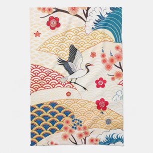 Paño De Cocina Grulla Japonesa y Olas de Flor de Cerezo