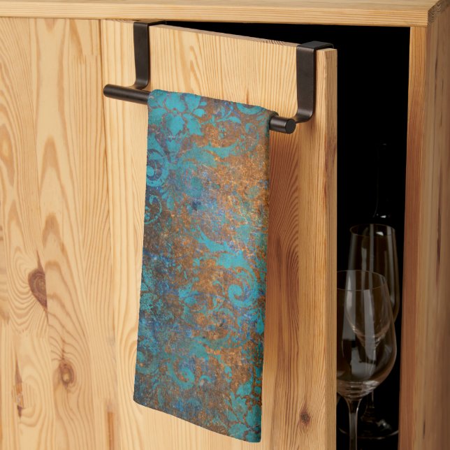 Paño De Cocina Grunge Boho Copper Blue Floral Damask (Pliegue de tercios)