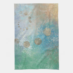 Paño De Cocina Grunge costero   Oro azul y verde acuarela