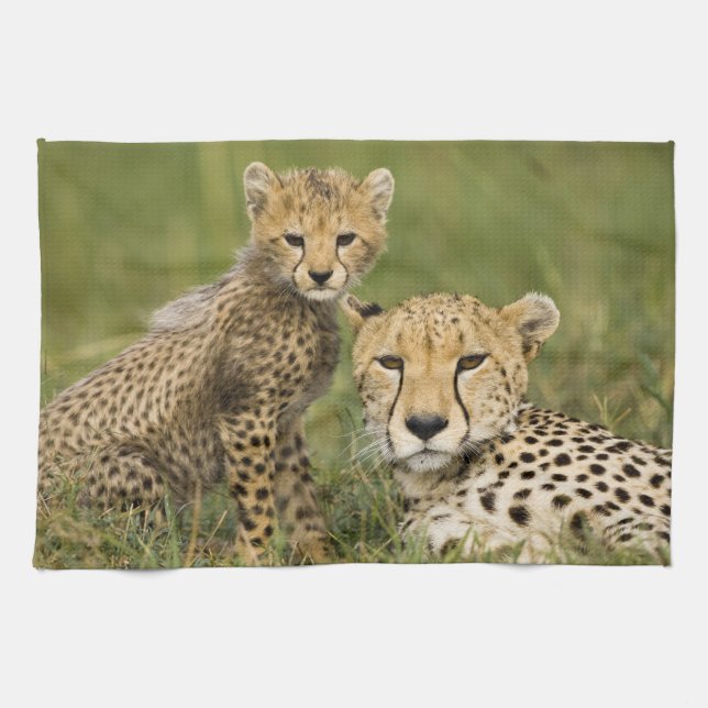 Paño De Cocina Guepardo, Acinonyx jubatus, con cría (Horizontal)