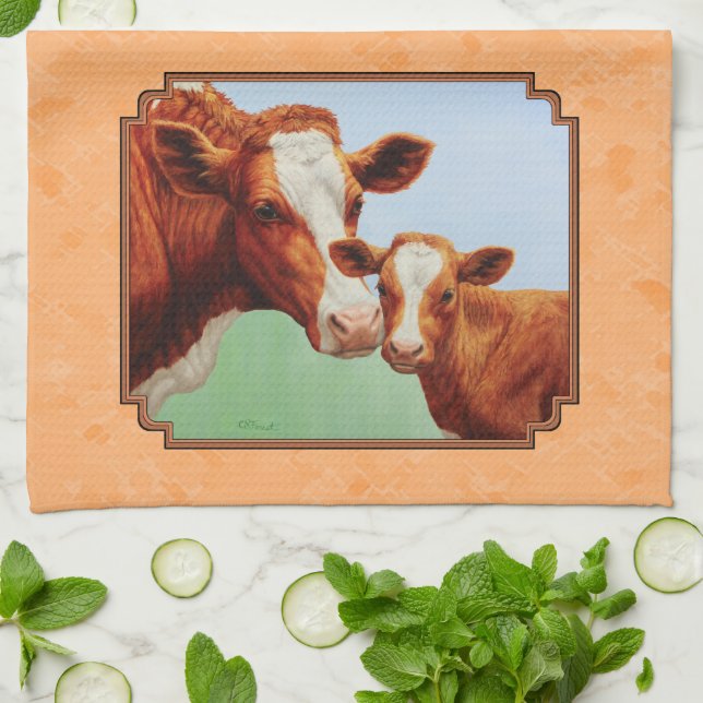 Paño De Cocina Guernsey Calf y Mother Cow Peach (Doblado)