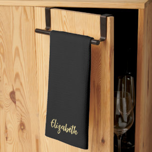 Paño De Cocina Guion de Caligrafía Elegante Nombre Negro y Dorado