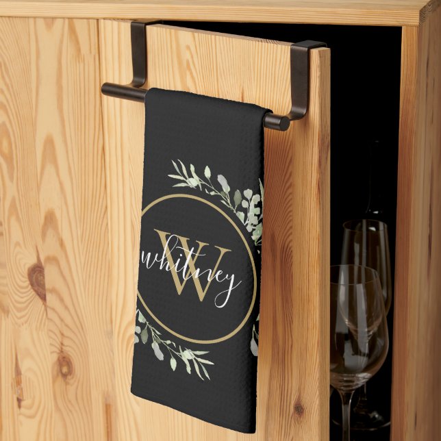 Paño De Cocina Guión de Moda de monograma de oro verde negro (Pliegue de tercios)