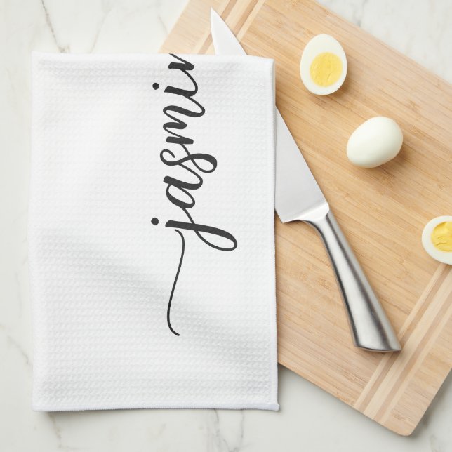 Paño De Cocina Guión de nombre de monograma blanco elegante minim (Doblado Cuarto)