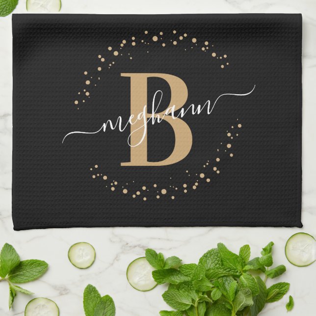 Paño De Cocina Guión monograma de nombre dorado negro de eleganci (Doblado)