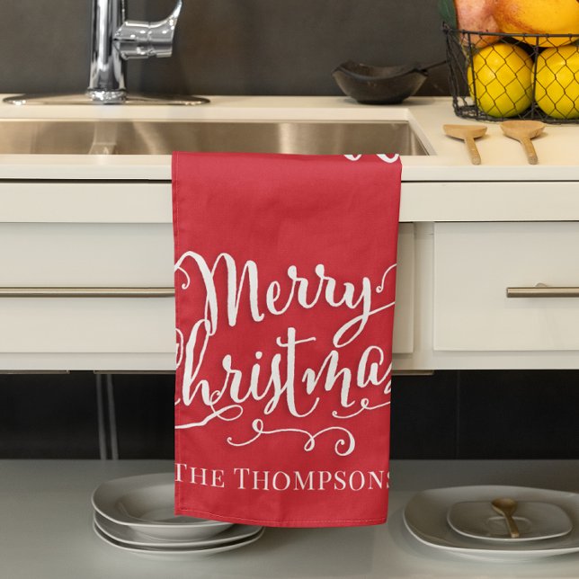 Paño De Cocina Guión navideño rojo personalizado (Merry Christmas red and white custom kitchen towel. )