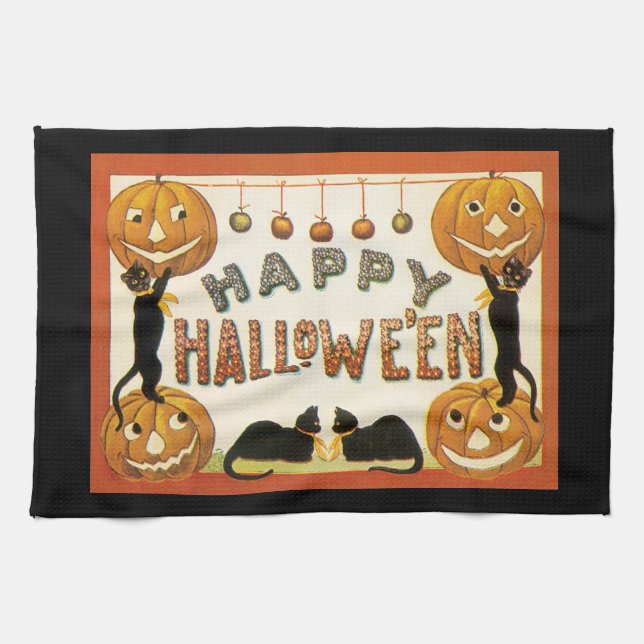 Paño De Cocina Halloween antiguo, gatos negros con Jackolanterns (Horizontal)