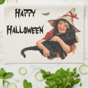 Paño De Cocina Halloween antiguo, niña bruja con gato negro