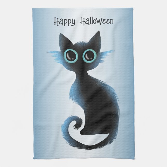 Paño De Cocina Halloween Big Eyes Black Blue Evil Cat (Vertical)