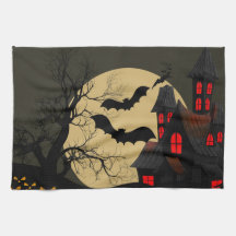Halloween Black Red Hauned House Bat Full Moon