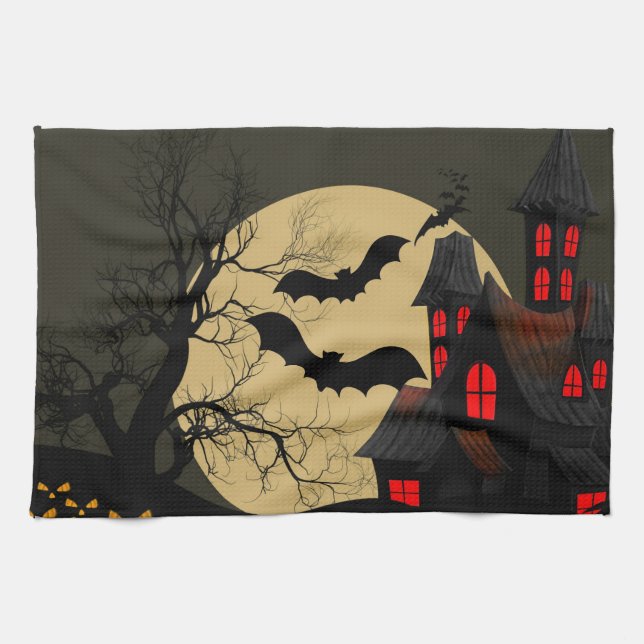 Paño De Cocina Halloween Black Red Hauned House Bat Full Moon (Horizontal)