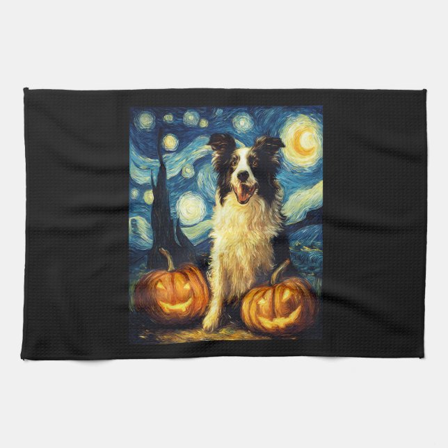 Paño De Cocina Halloween Border Collie Fall Pumpkin (Horizontal)