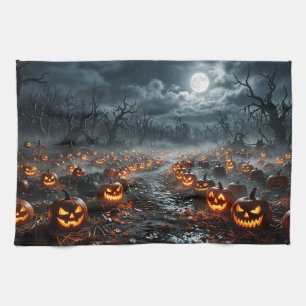 Paño De Cocina Halloween con árboles espeluznantes y Jack O Lante