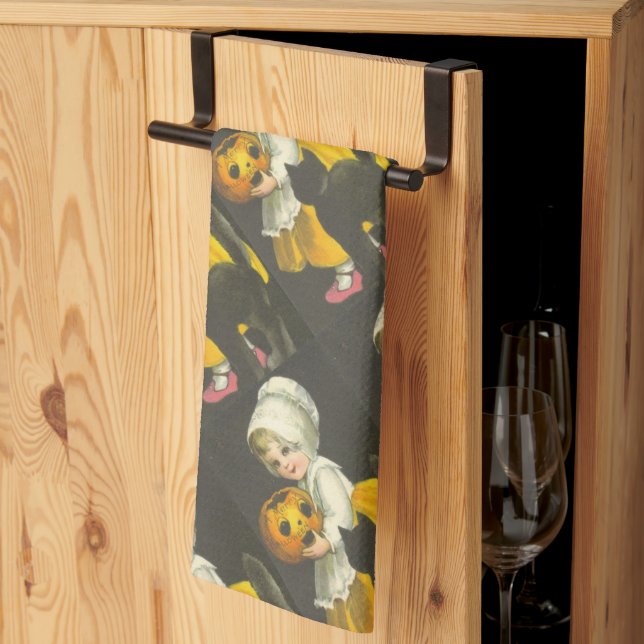 Paño De Cocina Halloween con gato de calabaza de chicas (Pliegue de tercios)