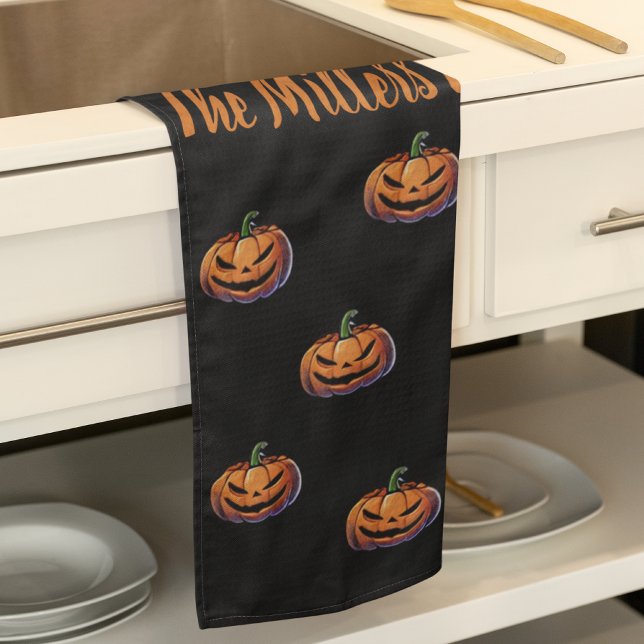 Paño De Cocina Halloween de calabaza negra y Naranja personalizad (Black and Orange Pumpkin Halloween personalized Kitchen Towel)