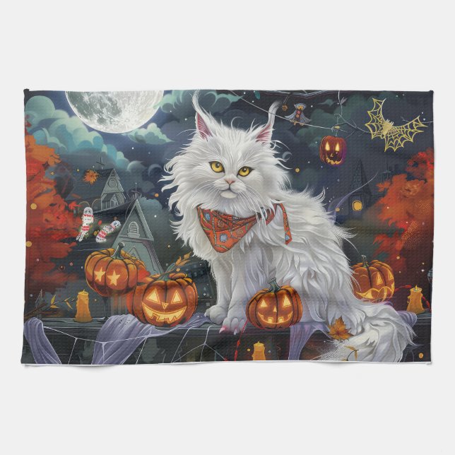 Paño De Cocina Halloween de gatos angora turca espeluznante (Horizontal)