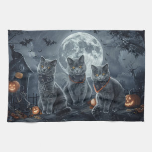 Paño De Cocina Halloween de gatos azules rusos espeluznante