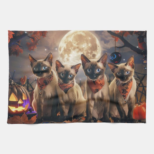 Paño De Cocina Halloween de gatos siameses espeluznante (Horizontal)