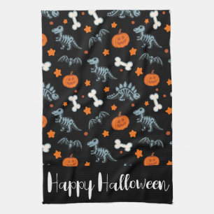 Paño De Cocina Halloween Dinosaurios Skeletans Bats & Pumpkins
