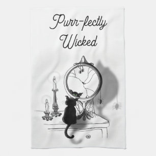 Paño De Cocina Halloween Gótico Black Cat Broken Mirror