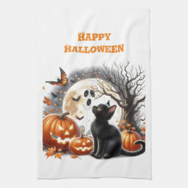 Paño De Cocina Halloween Jack O Lantern Gato de calabaza blanco