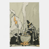 Paño De Cocina Halloween vintage, bruja con caldero y gatos