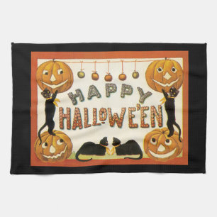 Paño De Cocina Halloween vintage, gatos negros con farolas