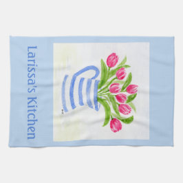 Paño De Cocina Handpainted Watercolor Tulips, Blue Stripe Pitcher