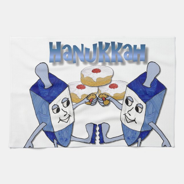 Paño De Cocina Hanukkah Dancing Dreides y Jelly Doughnut (Horizontal)