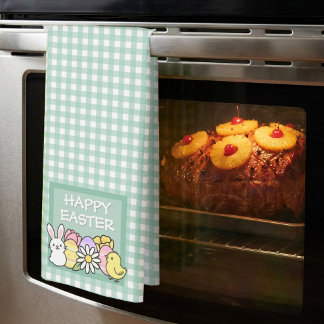 Paño De Cocina Happy Easter Bunny, Chick, Eggs Green Gingham 