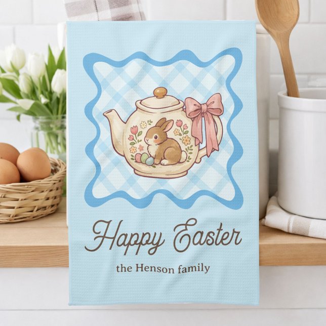 Paño De Cocina Happy Easter Bunny Teapot Gingham  (Subido por el creador)