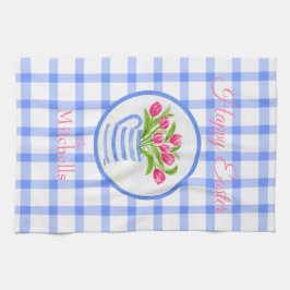 Paño De Cocina Happy Easter Watercolor Tulips Blue Check