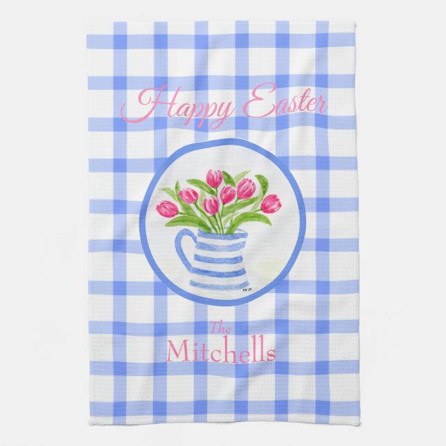 Paño De Cocina Happy Easter Watercolor Tulips Blue Check (Vertical)