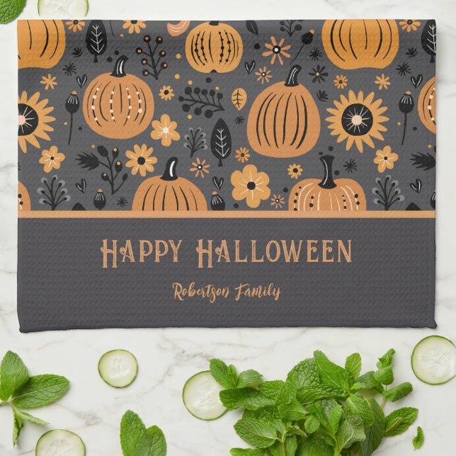 Paño De Cocina Happy Halloween Fall Pumpkin Family Name (Doblado)