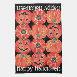 Paño De Cocina Happy Halloween Pumpkins Naranja Black Watercolor
