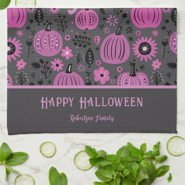 Paño De Cocina Happy Halloween Purple Pumpkin Family Name (Doblado)