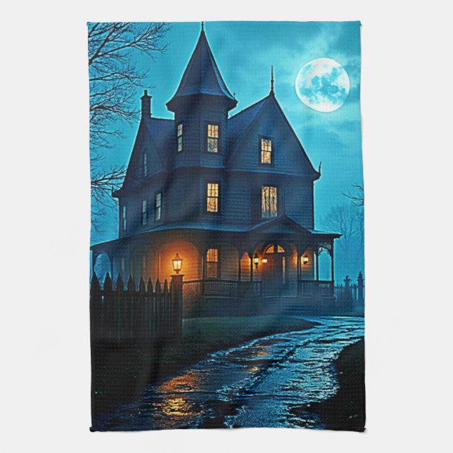 Paño De Cocina Haunted Mansion Blue Moonlight Night Design (Vertical)