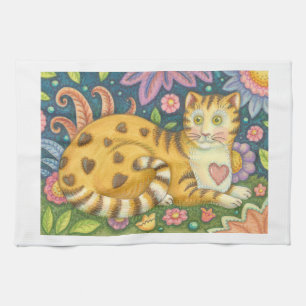 Paño De Cocina Hearts N' Stripes Tabby Folk Art Cat Kitchen Toall