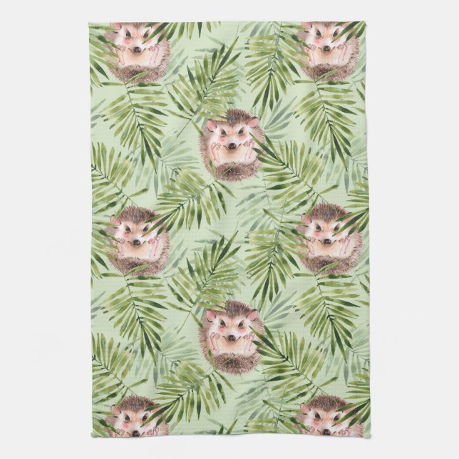 Paño De Cocina Hedgehog y hojas verdes (Vertical)