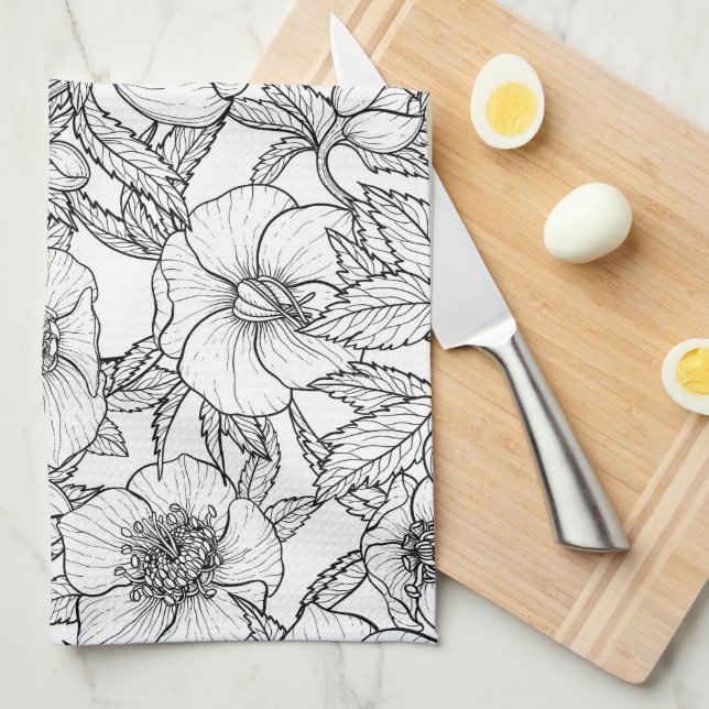 Paño De Cocina Hellebores en blanco y negro (Doblado Cuarto)