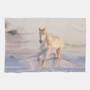 Paño De Cocina Hermosa Gallopaje de Caballo Blanco en la Nieve